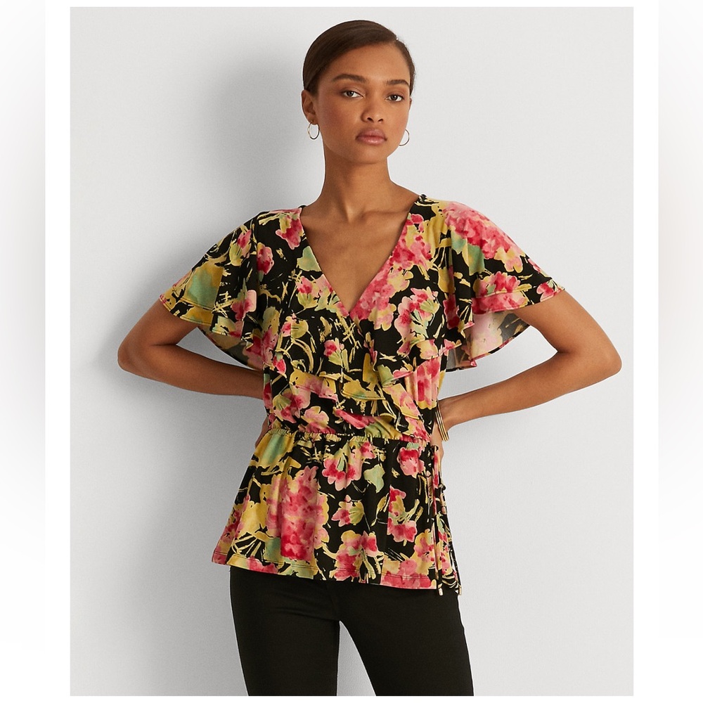 Ralph Lauren Floral Ruffle-Trim Surplice Jersey Top